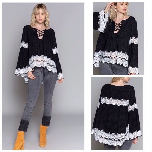 𝅺BABYDOLL Blouse with Bell Sleeves in Black - Picture 1 of 12